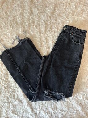 Zara Black Distressed Straight-Leg Jeans